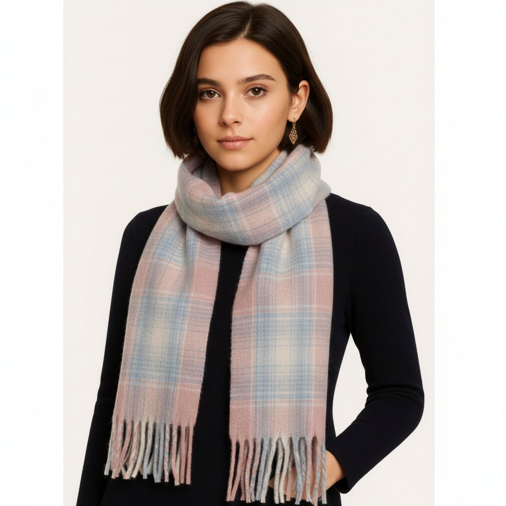 100% Plaid and Fringe Detail Long Scarf