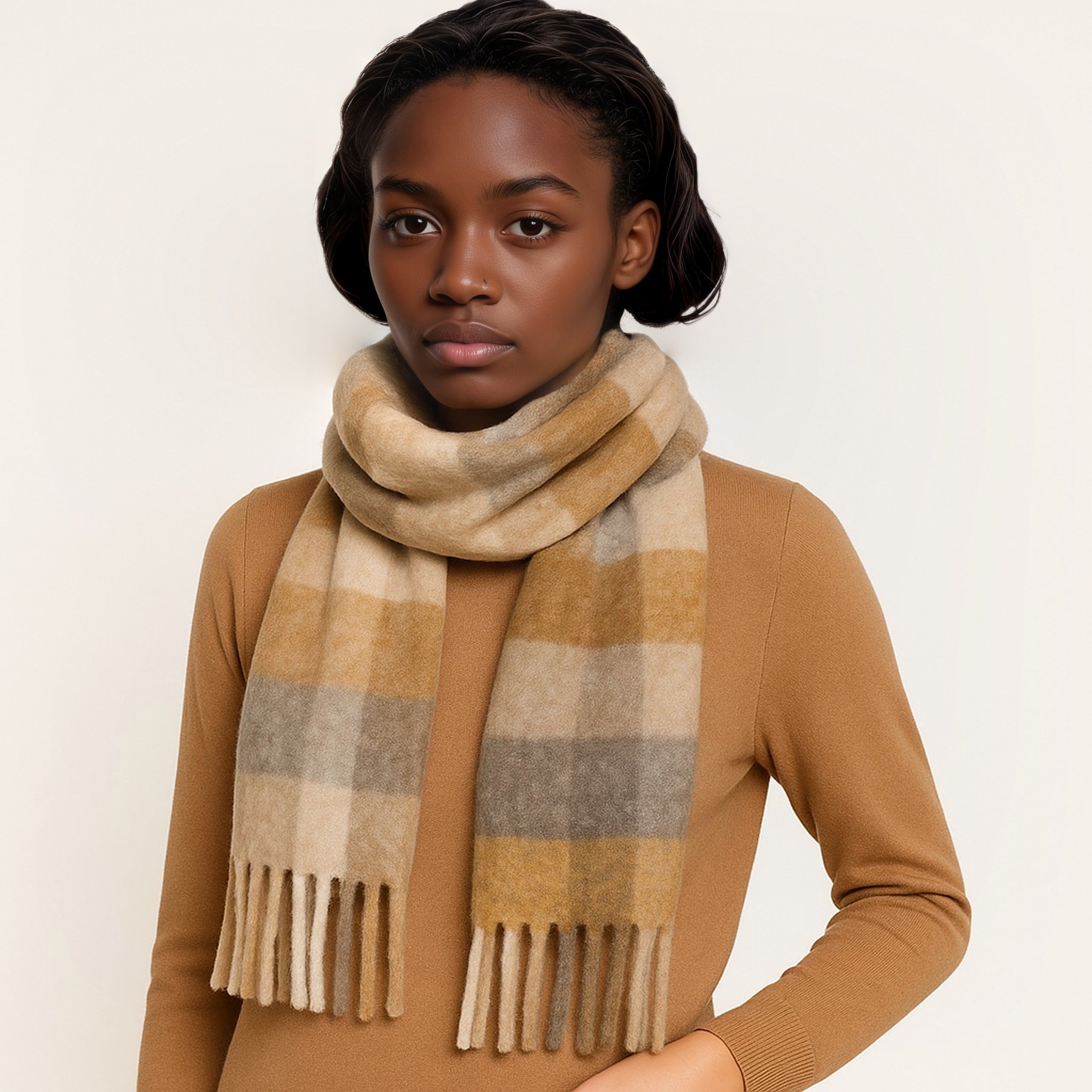 Quzmar  Women's Plaid Scarf with Long Tassel