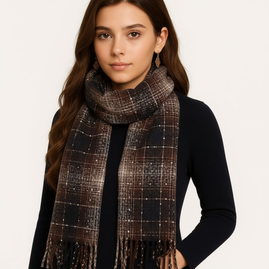 Quzmar 100% Polyester Polka Dot and Plaid Tassel Scarf,  Multiple-colors