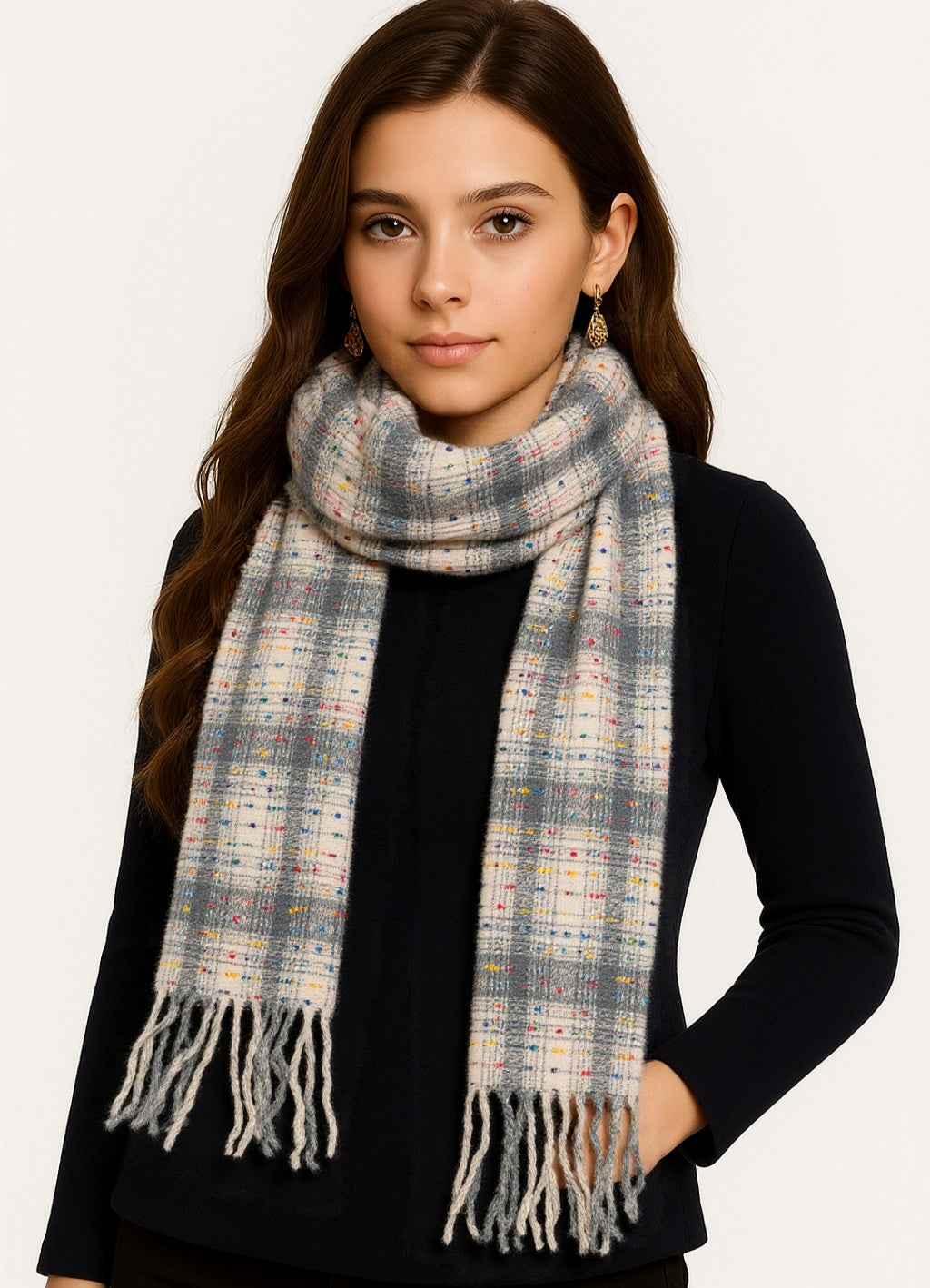 Quzmar Polka Dot and Plaid Tassel Scarf