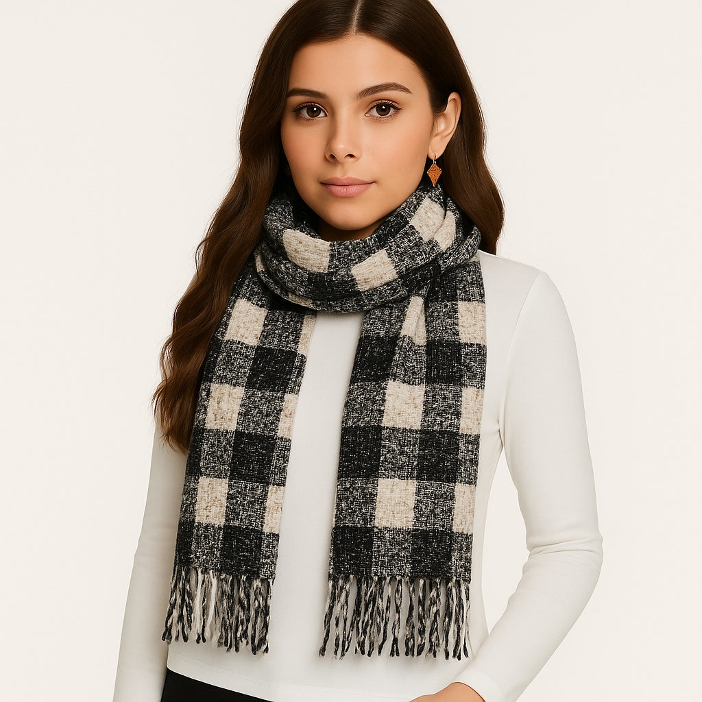 Quzmar-- Women's Plaid and Dot  Tassel Scarf