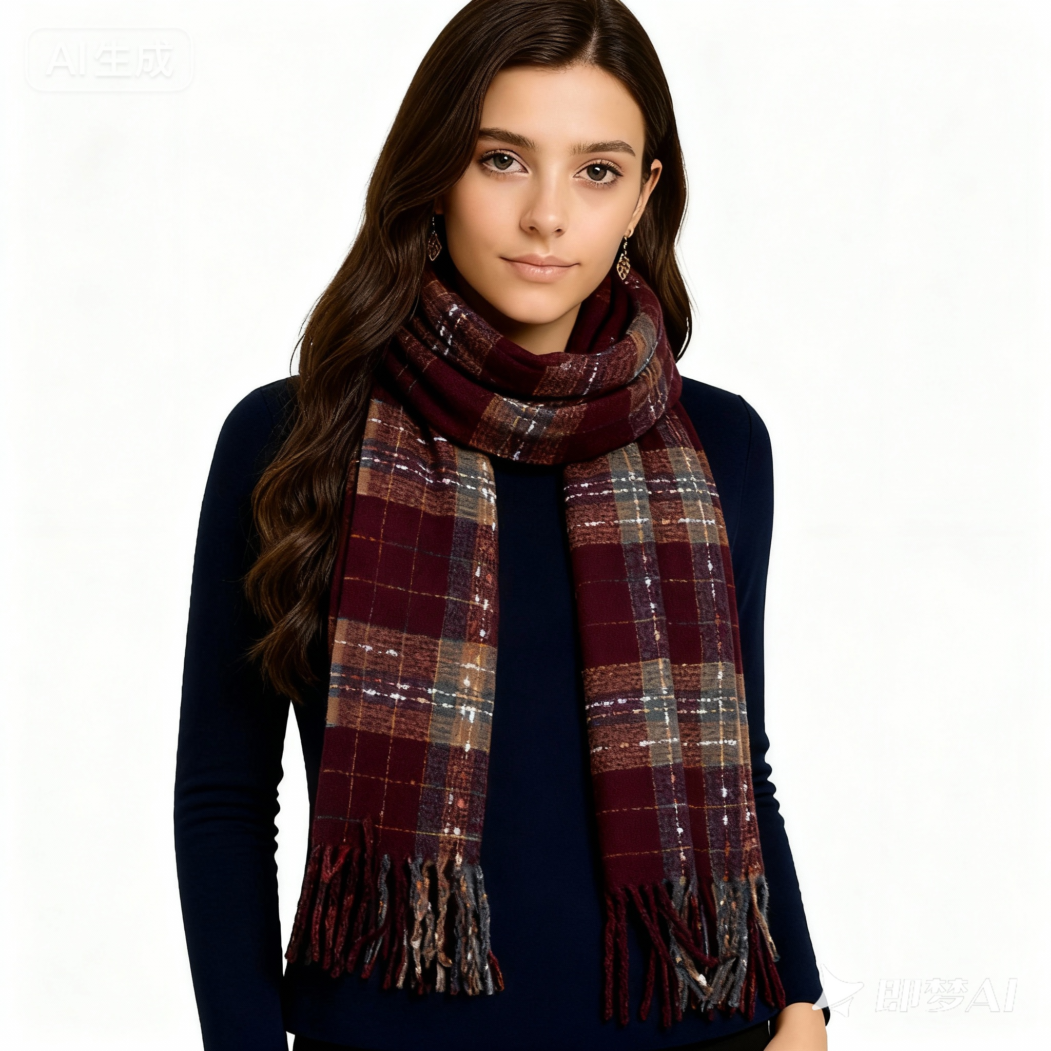Quzmar Polka Dot and Plaid Tassel Scarf
