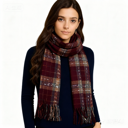 Quzmar 100% Polyester Polka Dot and Plaid Tassel Scarf,  Multiple-colors