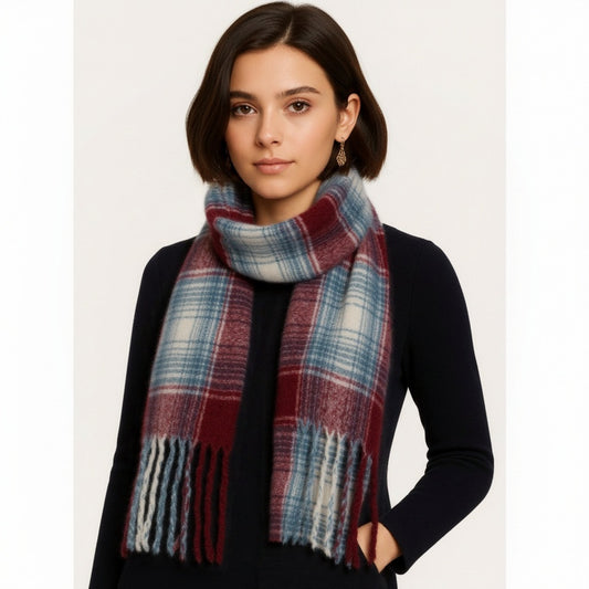 Quzmar 100% Polyester Long and Warm Scarf with Plaid Design and Fringe Detail for Winter Fashion